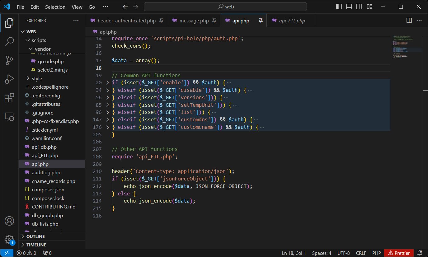 Looking at api.php in Visual Studio Code, collapsed elseifs